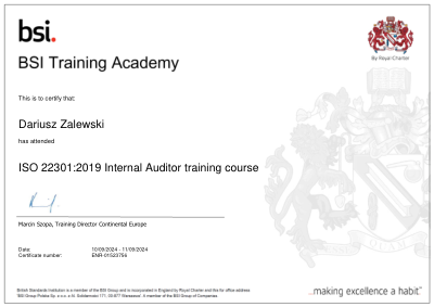 ISO 22301 Internal Auditor certificate