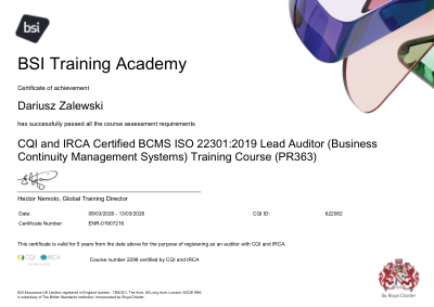 ISO 22301:2019 Lead Auditor certificate