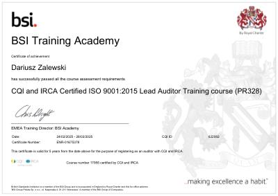 ISO 9001:2015 Lead Auditor certificate